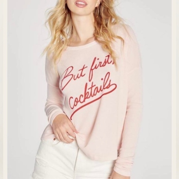Wildfox Sweater “But First, Cocktails” Pullover Sweatshirt Cozy Pink XL - Picture 1 of 12